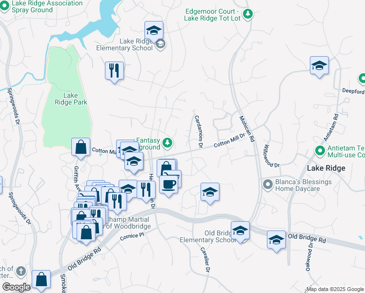 map of restaurants, bars, coffee shops, grocery stores, and more near 12180 Cardamom Drive in Woodbridge