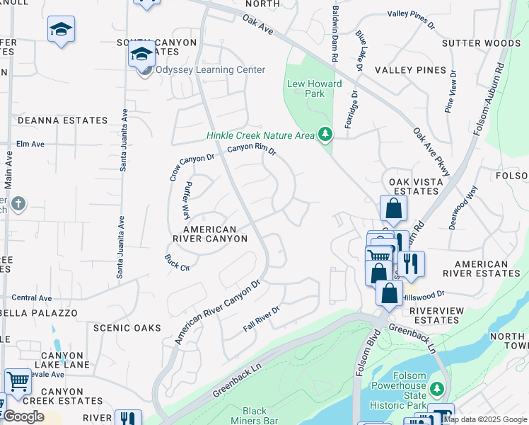 map of restaurants, bars, coffee shops, grocery stores, and more near 105 Canyon Rim Drive in Folsom