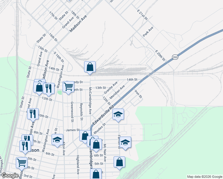 map of restaurants, bars, coffee shops, grocery stores, and more near 1234 Granite Avenue in Granite City