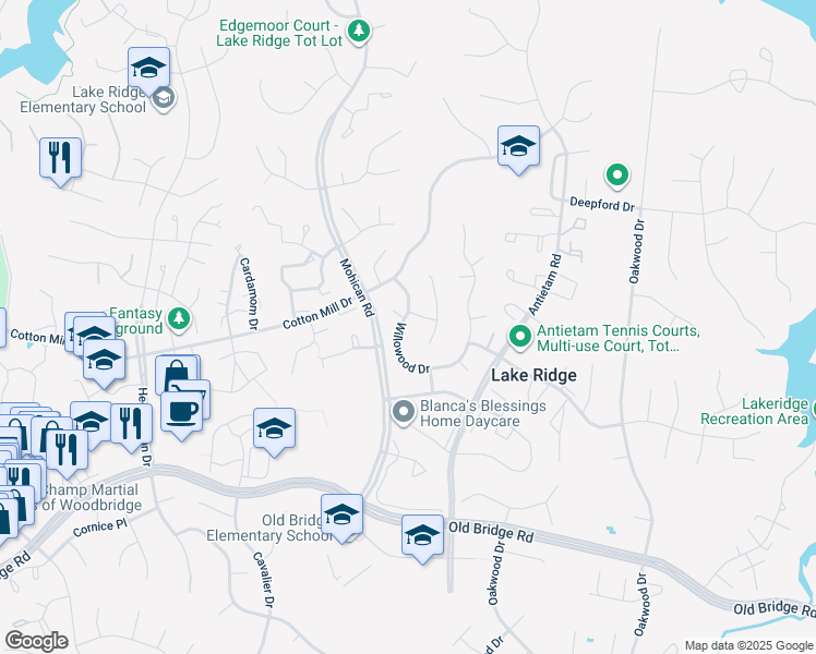 map of restaurants, bars, coffee shops, grocery stores, and more near 12012 Willowood Drive in Woodbridge