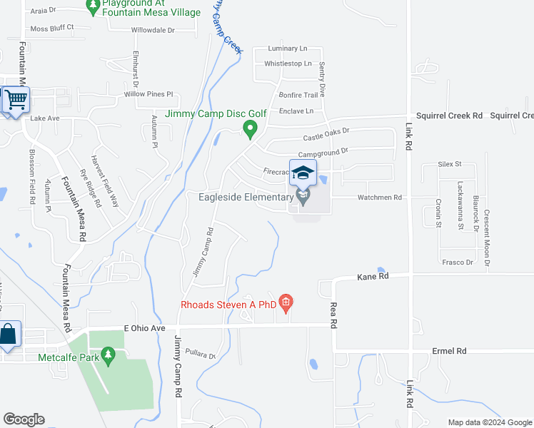 map of restaurants, bars, coffee shops, grocery stores, and more near 7833 Lantern Lane in Fountain