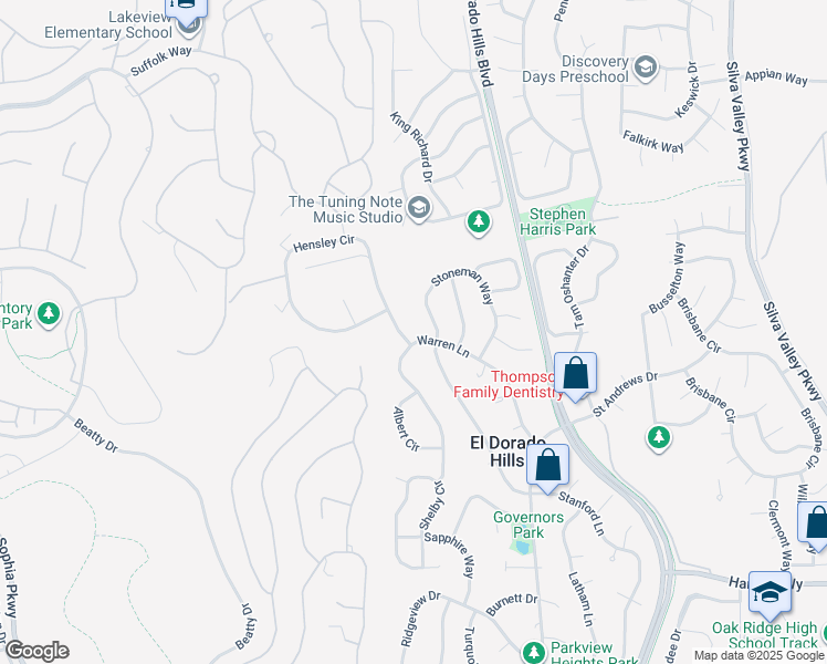 map of restaurants, bars, coffee shops, grocery stores, and more near 4305 Hensley Circle in El Dorado Hills