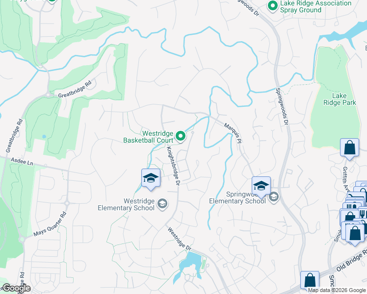 map of restaurants, bars, coffee shops, grocery stores, and more near 4106 Bancroft Lane in Woodbridge