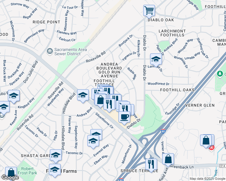 map of restaurants, bars, coffee shops, grocery stores, and more near 6757 Leatherwood Way in Sacramento