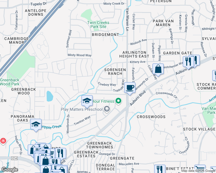 map of restaurants, bars, coffee shops, grocery stores, and more near 6600 Cowboy Way in Citrus Heights