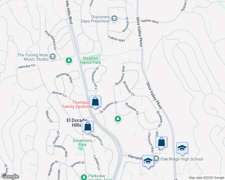 map of restaurants, bars, coffee shops, grocery stores, and more near 2870 Springburn Way in El Dorado Hills