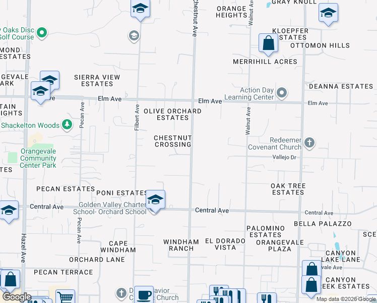 map of restaurants, bars, coffee shops, grocery stores, and more near 9173 Chestnut Crossing Lane in Orangevale