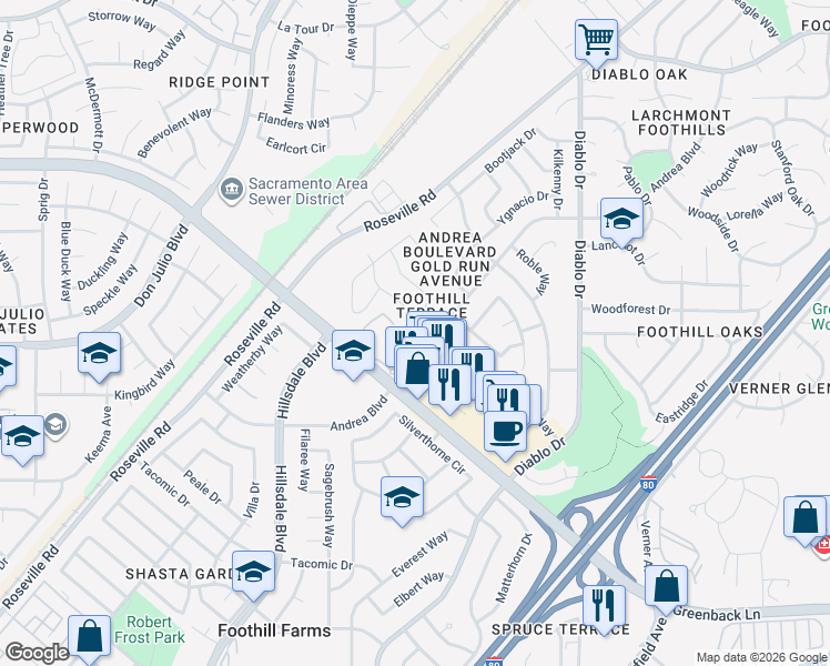 map of restaurants, bars, coffee shops, grocery stores, and more near 5227 Andrea Boulevard in Sacramento