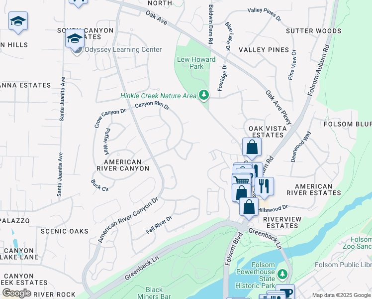 map of restaurants, bars, coffee shops, grocery stores, and more near 130 Oak Ravine Way in Folsom