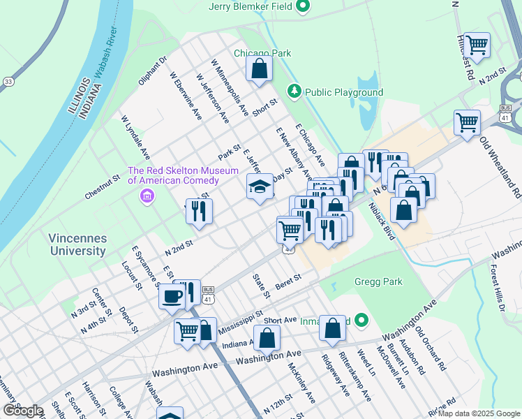 map of restaurants, bars, coffee shops, grocery stores, and more near 2116 North 2nd Street in Vincennes