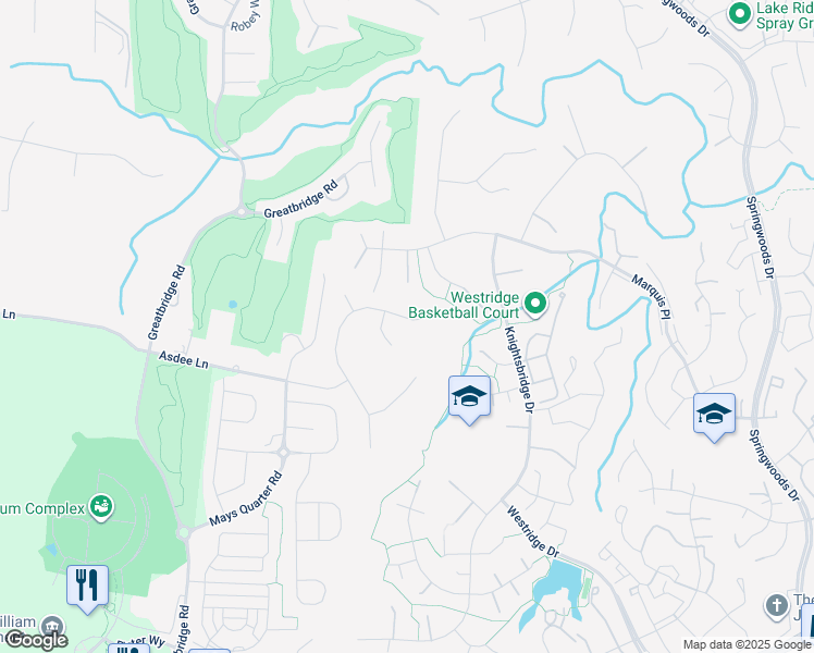 map of restaurants, bars, coffee shops, grocery stores, and more near 12217 Tideswell Mill Court in Woodbridge