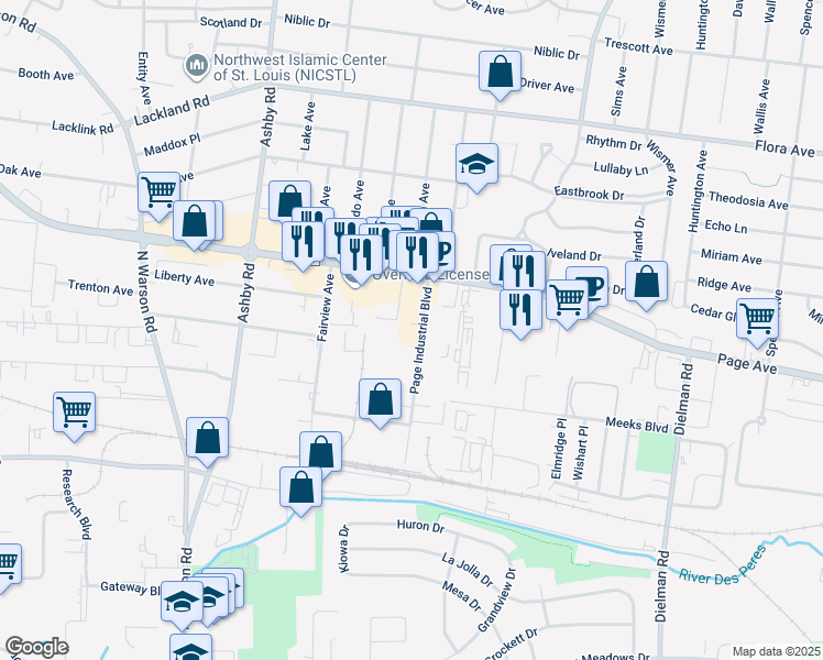 map of restaurants, bars, coffee shops, grocery stores, and more near 1605 Page Industrial Boulevard in St. Louis