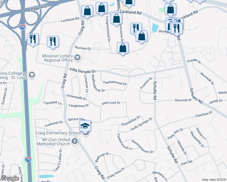 map of restaurants, bars, coffee shops, grocery stores, and more near 11894 Shallowbrook Drive in St. Louis