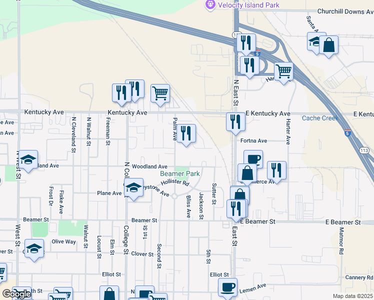 map of restaurants, bars, coffee shops, grocery stores, and more near 240 Palm Avenue in Woodland