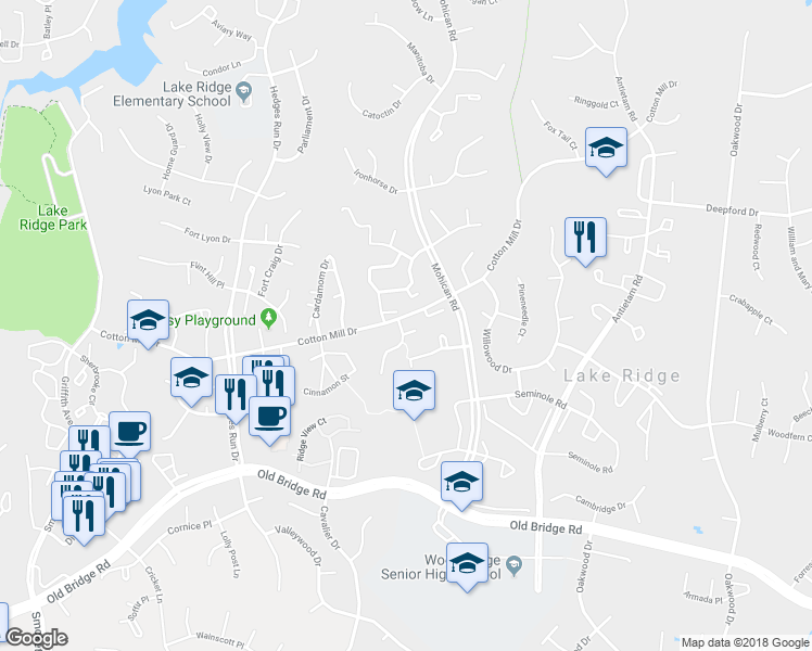 map of restaurants, bars, coffee shops, grocery stores, and more near 3178 Vanderbilt Court in Woodbridge