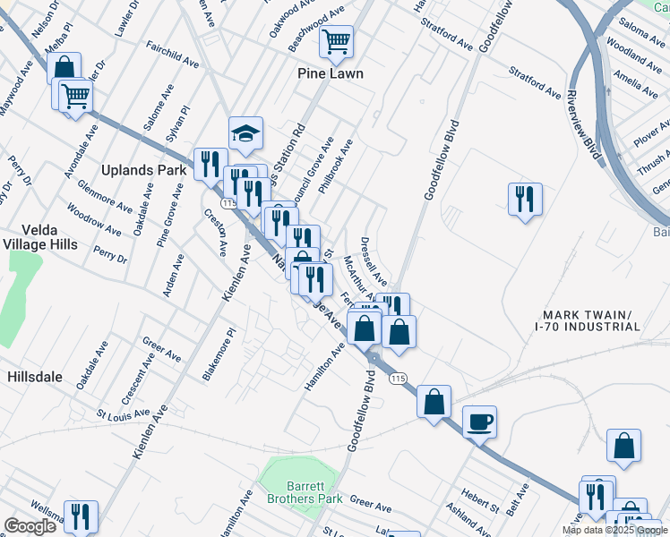 map of restaurants, bars, coffee shops, grocery stores, and more near 5947 Ferris Avenue in St. Louis