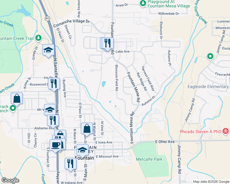 map of restaurants, bars, coffee shops, grocery stores, and more near 900 Pond Terrace in Fountain