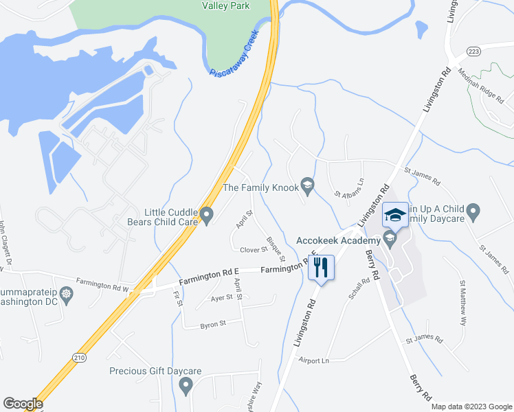 map of restaurants, bars, coffee shops, grocery stores, and more near 14516 April Street in Accokeek