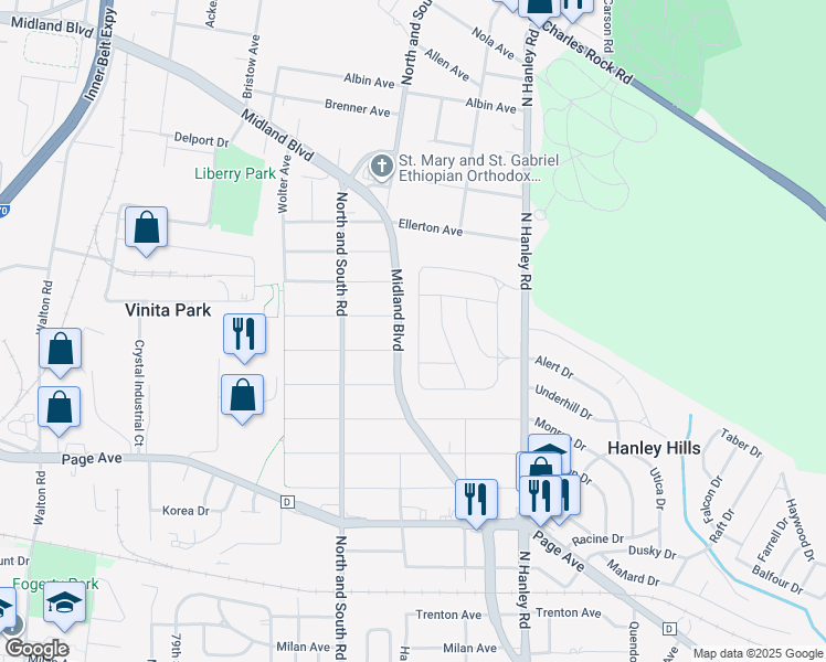 map of restaurants, bars, coffee shops, grocery stores, and more near 1949 Stillwater Drive in St. Louis