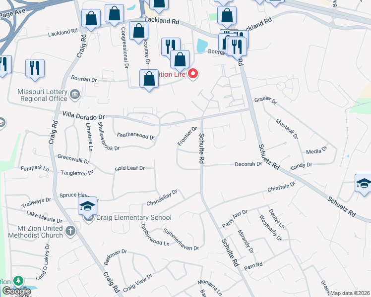 map of restaurants, bars, coffee shops, grocery stores, and more near 11735 Summerwood Drive in St. Louis