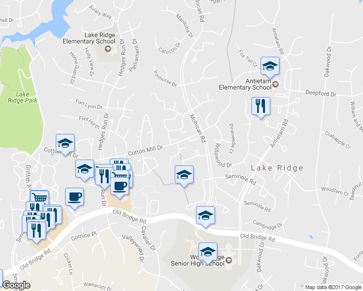 map of restaurants, bars, coffee shops, grocery stores, and more near 3176 Vanderbilt Court in Woodbridge