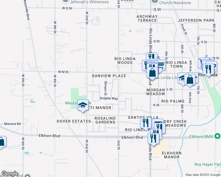 map of restaurants, bars, coffee shops, grocery stores, and more near 6701 Kenora Street in Rio Linda