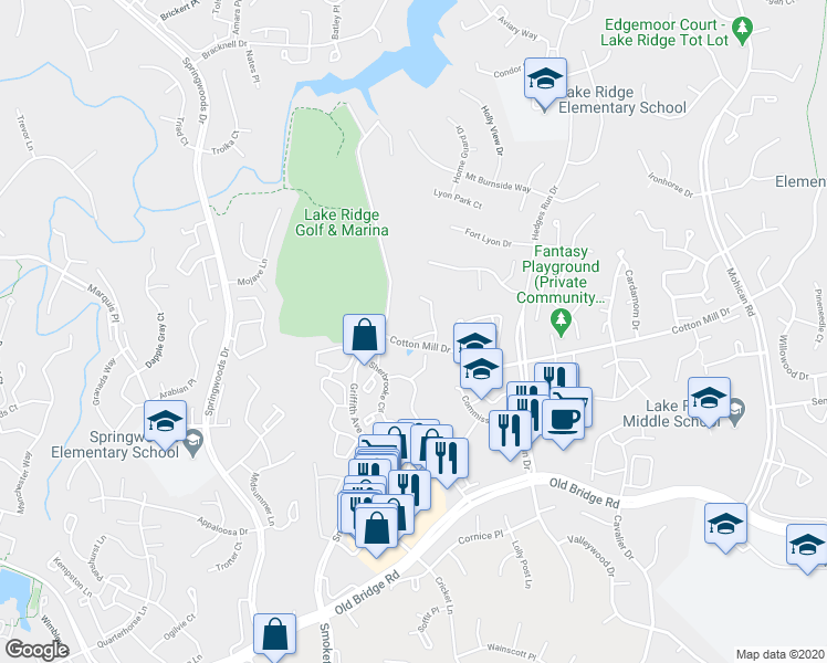 map of restaurants, bars, coffee shops, grocery stores, and more near 3518 Ashby Court in Woodbridge