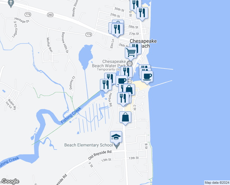 map of restaurants, bars, coffee shops, grocery stores, and more near 3793 Harbor Road in Chesapeake Beach
