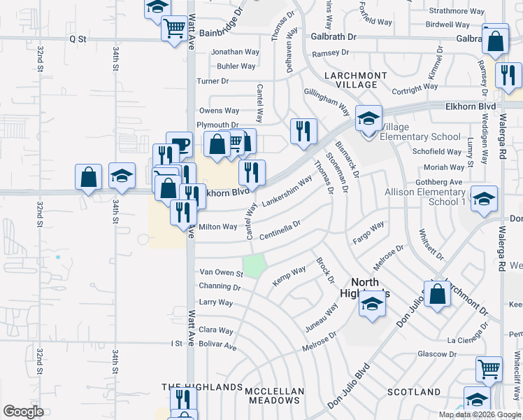 map of restaurants, bars, coffee shops, grocery stores, and more near 3708 Lankershim Way in North Highlands