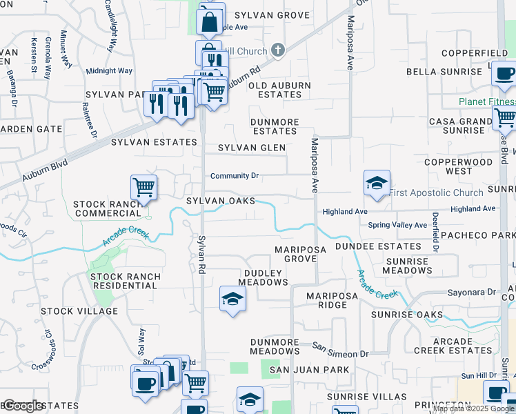 map of restaurants, bars, coffee shops, grocery stores, and more near 7573 Sylvan Creek Court in Citrus Heights