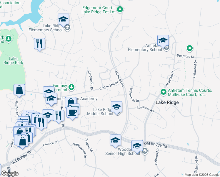 map of restaurants, bars, coffee shops, grocery stores, and more near 3174 Vanderbilt Court in Woodbridge