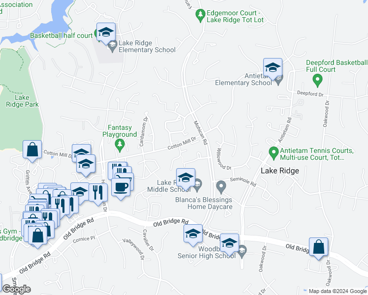 map of restaurants, bars, coffee shops, grocery stores, and more near 3174 Vanderbilt Court in Woodbridge