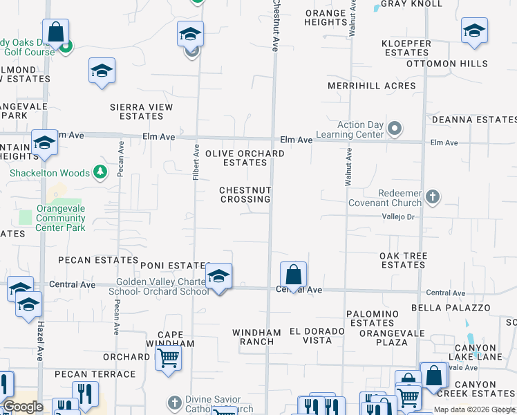 map of restaurants, bars, coffee shops, grocery stores, and more near 9173 Chestnut Crossing Lane in Orangevale