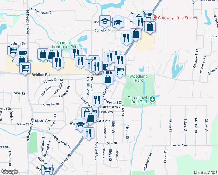 map of restaurants, bars, coffee shops, grocery stores, and more near 1602 Vandalia Street in Collinsville