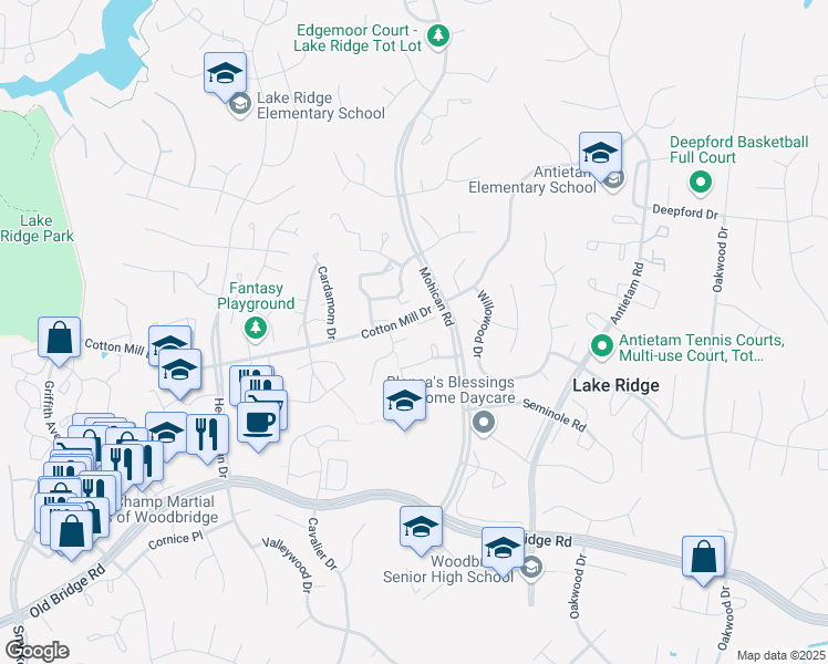 map of restaurants, bars, coffee shops, grocery stores, and more near 3153 Yale Court in Woodbridge