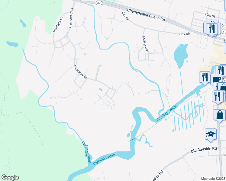 map of restaurants, bars, coffee shops, grocery stores, and more near 8055 Forest Ridge Drive in Chesapeake Beach