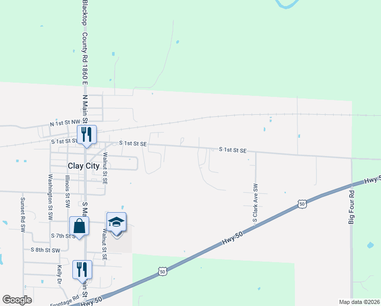 map of restaurants, bars, coffee shops, grocery stores, and more near 494-612 South 1st Street Southeast in Clay City