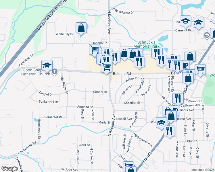 map of restaurants, bars, coffee shops, grocery stores, and more near 1468 North Keebler Avenue in Collinsville