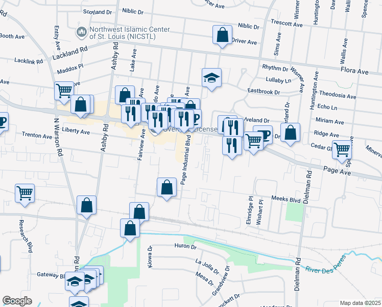 map of restaurants, bars, coffee shops, grocery stores, and more near 1605 Page Industrial Boulevard in St. Louis