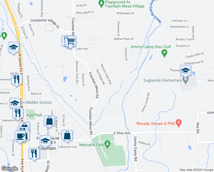 map of restaurants, bars, coffee shops, grocery stores, and more near 616 Rye Ridge Road in Fountain