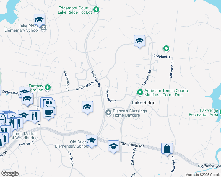 map of restaurants, bars, coffee shops, grocery stores, and more near 12010 Willowood Drive in Woodbridge