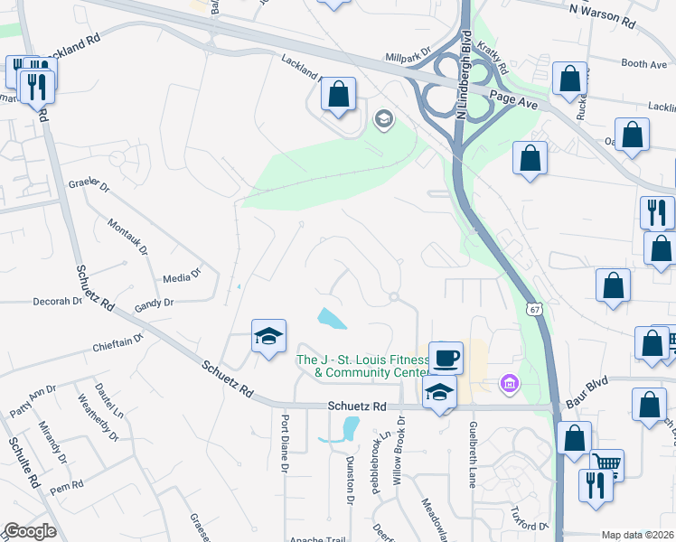 map of restaurants, bars, coffee shops, grocery stores, and more near 1578 Kennabrooke Court in St. Louis