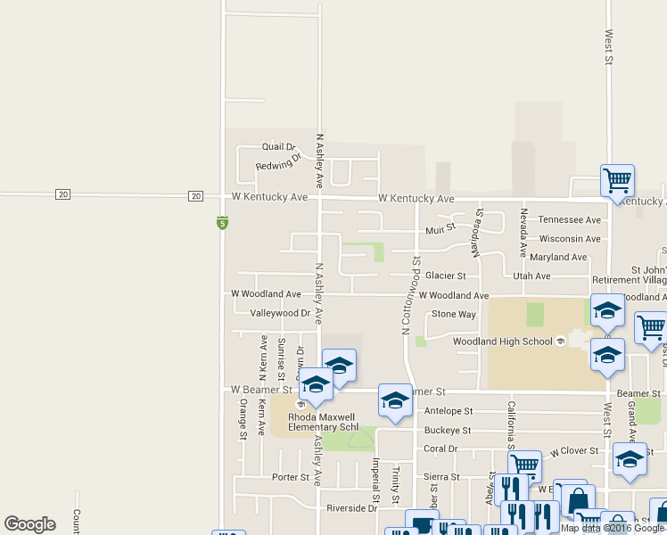 map of restaurants, bars, coffee shops, grocery stores, and more near 225 Cascade St in Woodland
