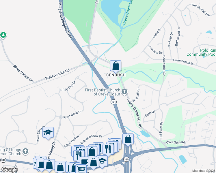 map of restaurants, bars, coffee shops, grocery stores, and more near 1653 Creve Coeur Mill Road in St. Louis