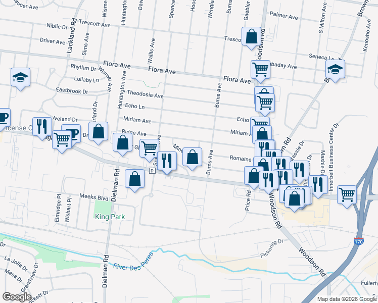 map of restaurants, bars, coffee shops, grocery stores, and more near 9523 Minerva Avenue in Overland