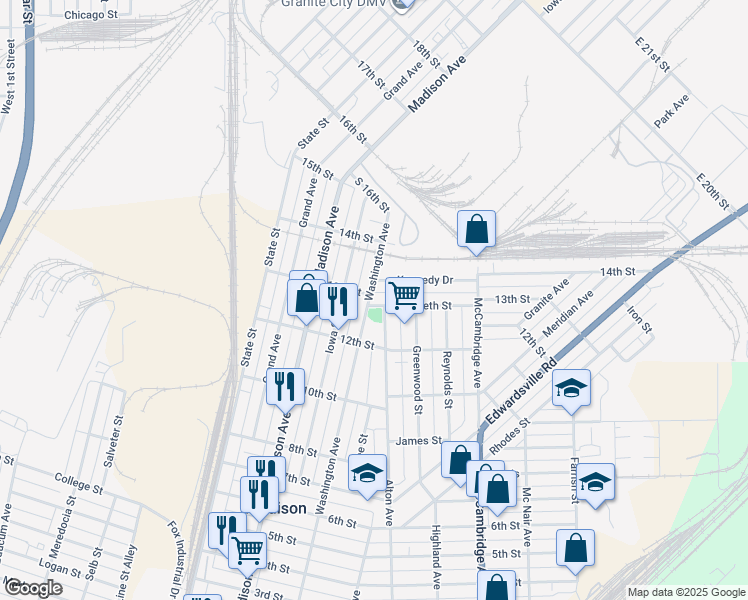 map of restaurants, bars, coffee shops, grocery stores, and more near 1601 Elizabeth Street in Madison
