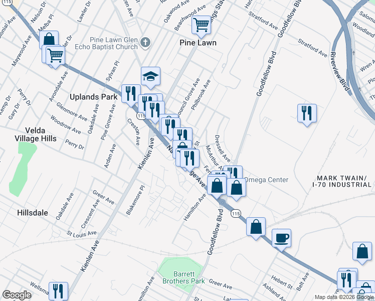 map of restaurants, bars, coffee shops, grocery stores, and more near 6010 Grimshaw Avenue in St. Louis