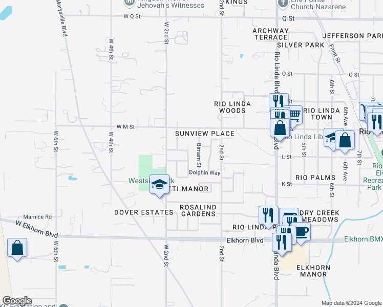 map of restaurants, bars, coffee shops, grocery stores, and more near 6654 Beamer Way in Rio Linda