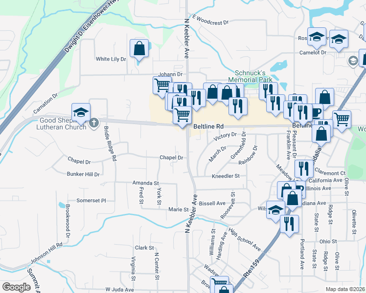 map of restaurants, bars, coffee shops, grocery stores, and more near 1468 North Keebler Avenue in Collinsville