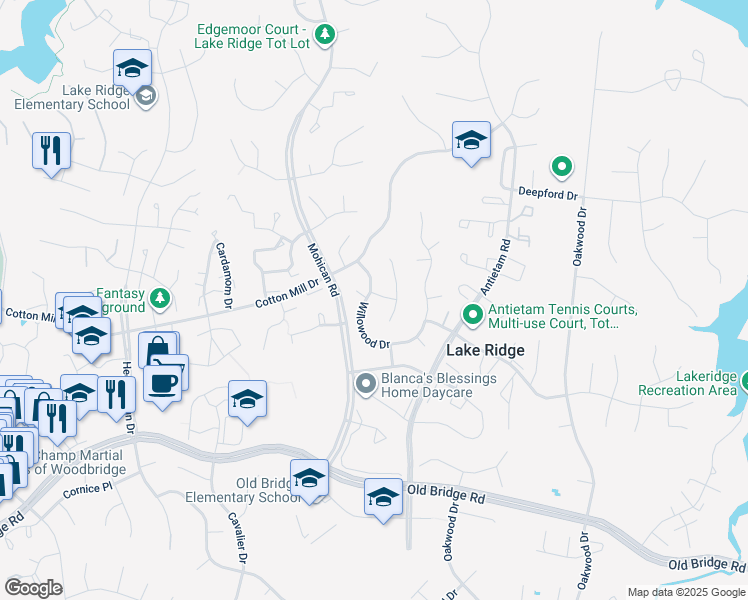 map of restaurants, bars, coffee shops, grocery stores, and more near 12010 Willowood Drive in Woodbridge